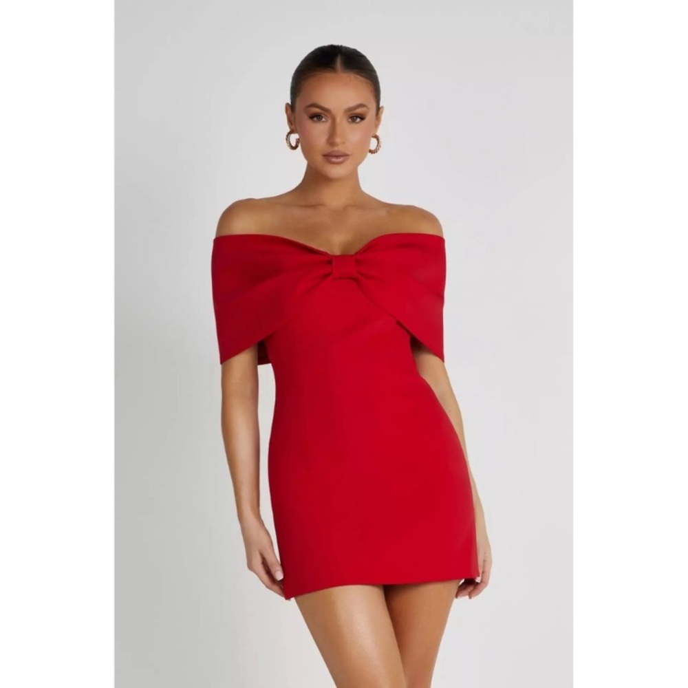 Meshki Red Off-Shoulder Bow Mini Dress